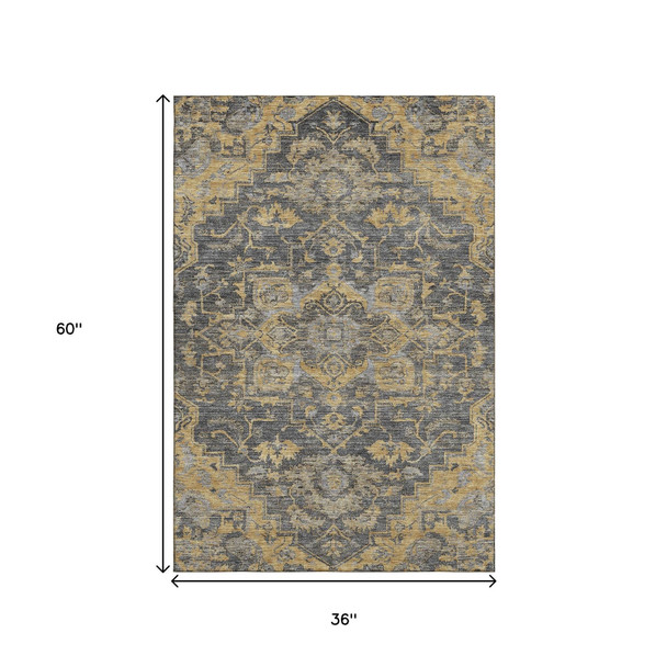 3' X 5' Gray Gold And Silver Floral Medallion Washable Area Rug With UV Protection