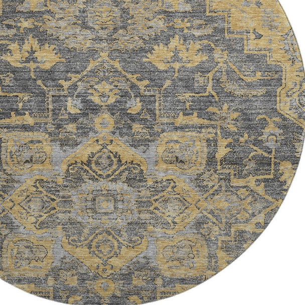 8' Gray Gold And Silver Floral Medallion Washable Round Rug With UV Protection