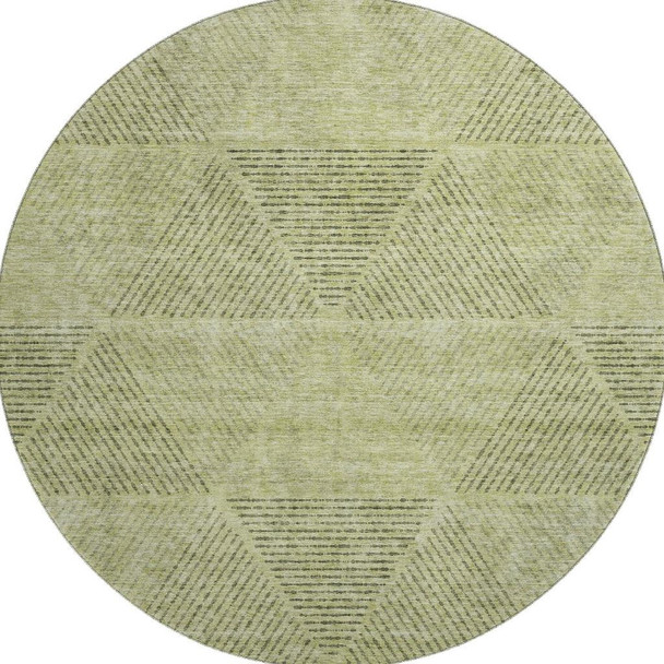 8' Artichoke Green Gray And Silver Geometric Washable Round Rug With UV Protection