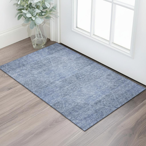 3' X 5' Blue And Gray Geometric Washable Area Rug With UV Protection