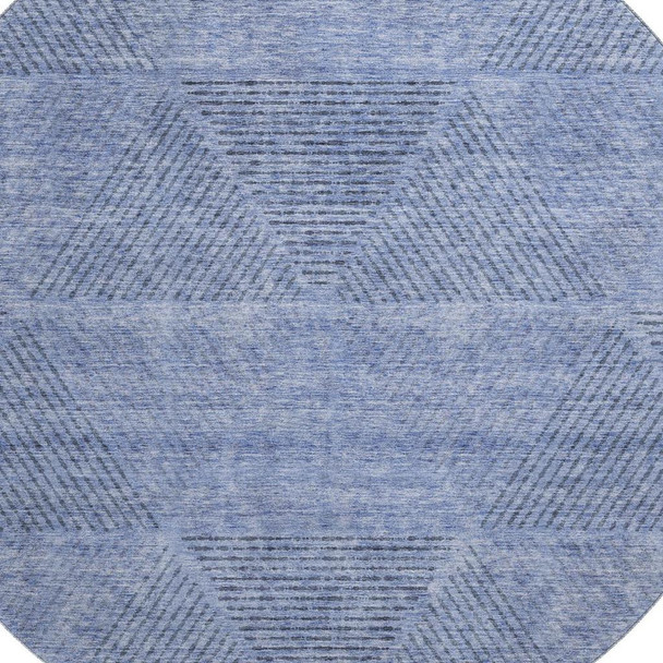 8' Blue And Gray Geometric Washable Round Rug With UV Protection