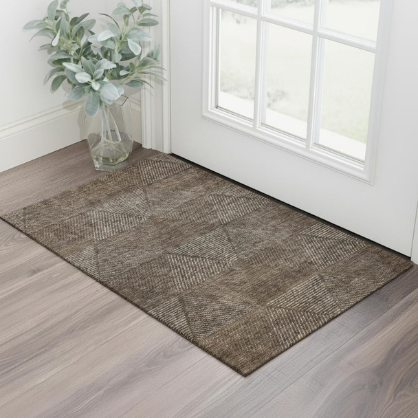3' X 5' Brown And Taupe Geometric Washable Area Rug With UV Protection
