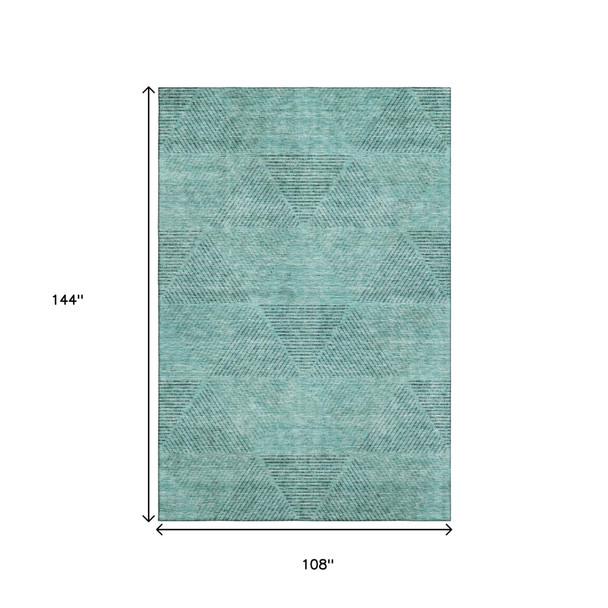 9' X 12' Teal And Gray Geometric Washable Area Rug With UV Protection