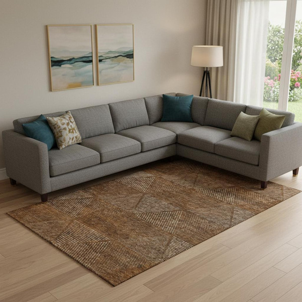 9' X 12' Terra Cotta Beige And Gray Geometric Washable Area Rug With UV Protection