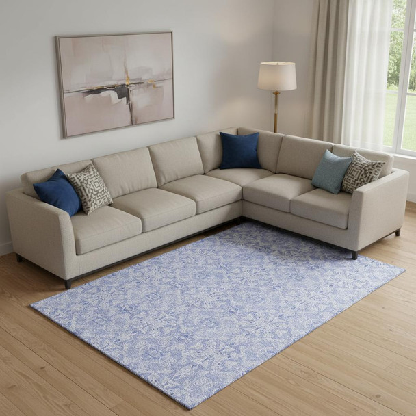 10' X 14' Sky Blue And Ivory Medallion Washable Area Rug With UV Protection