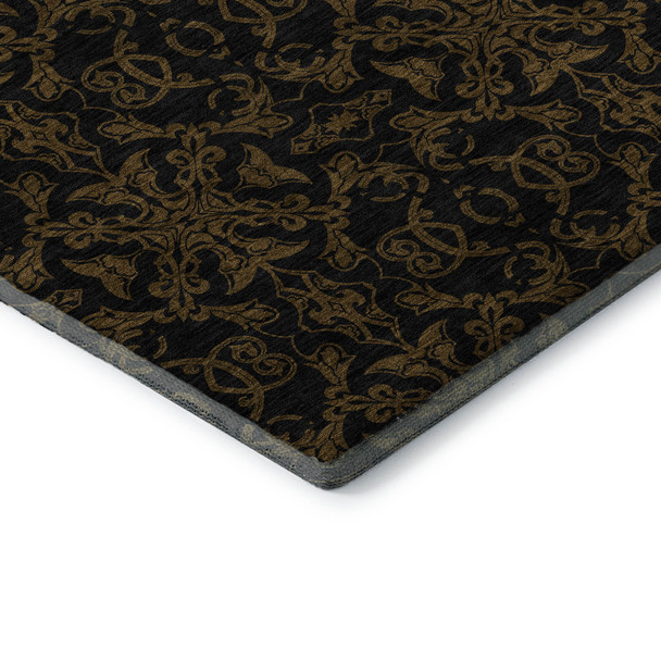 8' Brown And Charcoal Medallion Washable Round Rug With UV Protection