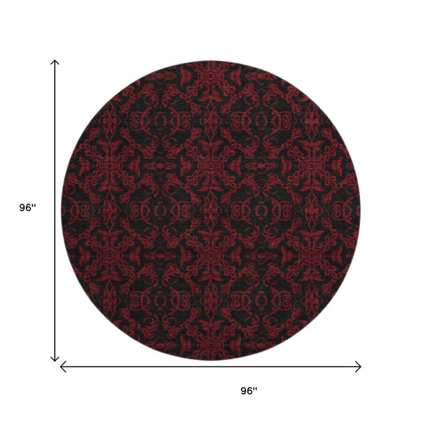 8' Red And Black Medallion Washable Round Rug With UV Protection
