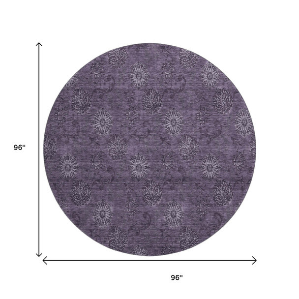 8' Eggplant And Ivory Floral Washable Round Rug With UV Protection