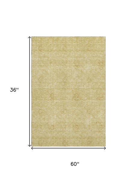 3' X 5' Gold And Ivory Floral Washable Area Rug With UV Protection