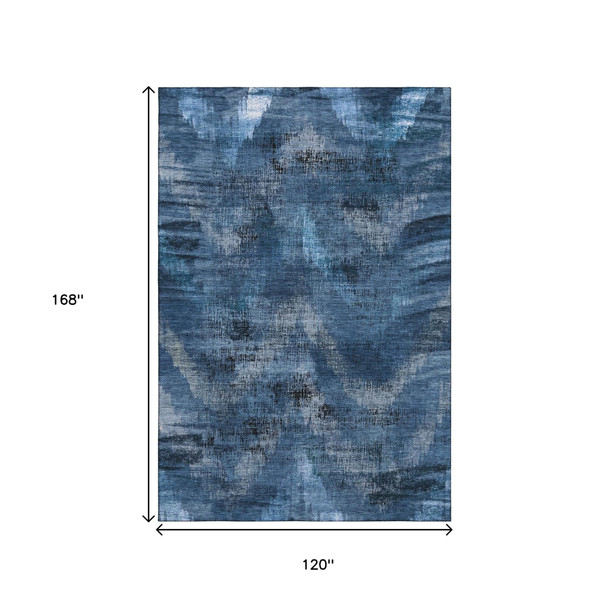 10' X 14' Blue Ivory And Charcoal Abstract Washable Area Rug With UV Protection