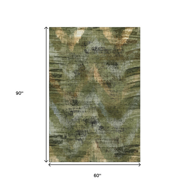 5' X 8' Olive Green Gold And Charcoal Abstract Washable Area Rug With UV Protection