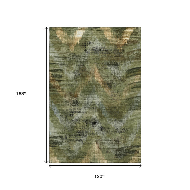 10' X 14' Olive Green Gold And Charcoal Abstract Washable Area Rug With UV Protection
