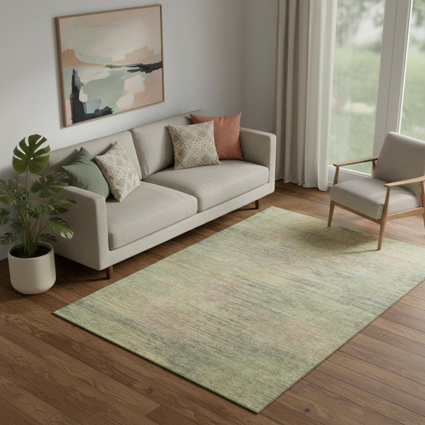 5' X 8' Artichoke Green Gold And Copper Abstract Washable Area Rug With UV Protection