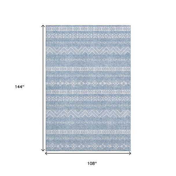 9' X 12' Blue And Ivory Southwestern Washable Area Rug With UV Protection
