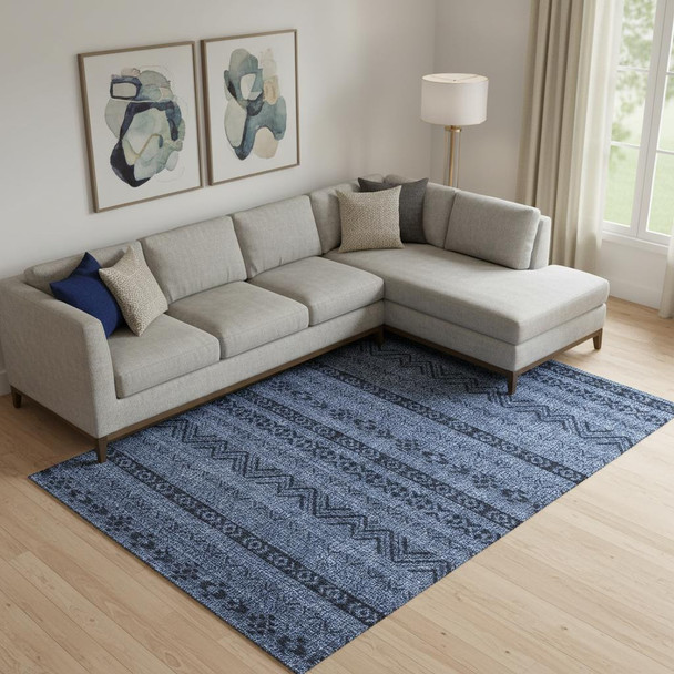 8' X 10' Navy Blue And Gray Southwestern Washable Area Rug With UV Protection