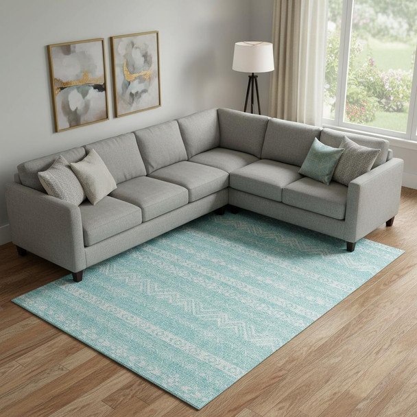 9' X 12' Teal And Ivory Southwestern Washable Area Rug With UV Protection