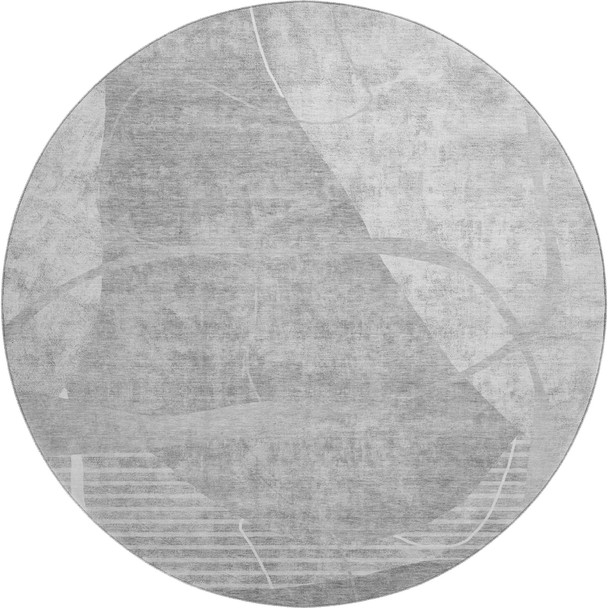 8' Gray And Silver Abstract Geometric Washable Round Rug With UV Protection