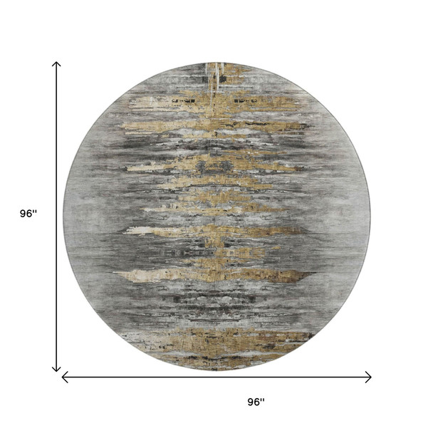 8' Gray Silver And Gold Abstract Washable Round Rug With UV Protection