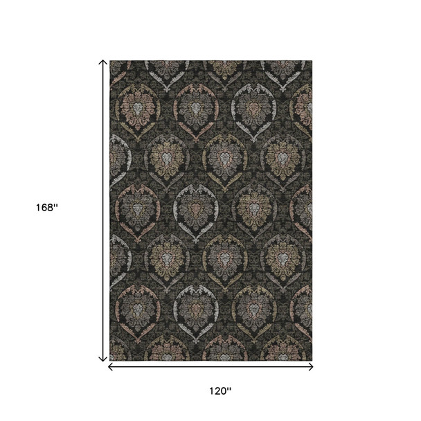 10' X 14' Black Brown And Gray Medallion Washable Area Rug With UV Protection