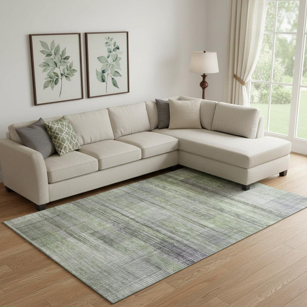 9' X 12' Artichoke Green And Gray Striped Washable Area Rug With UV Protection