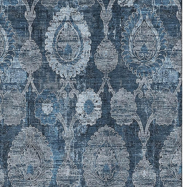 9' X 12' Navy Blue And Gray Damask Washable Area Rug With UV Protection