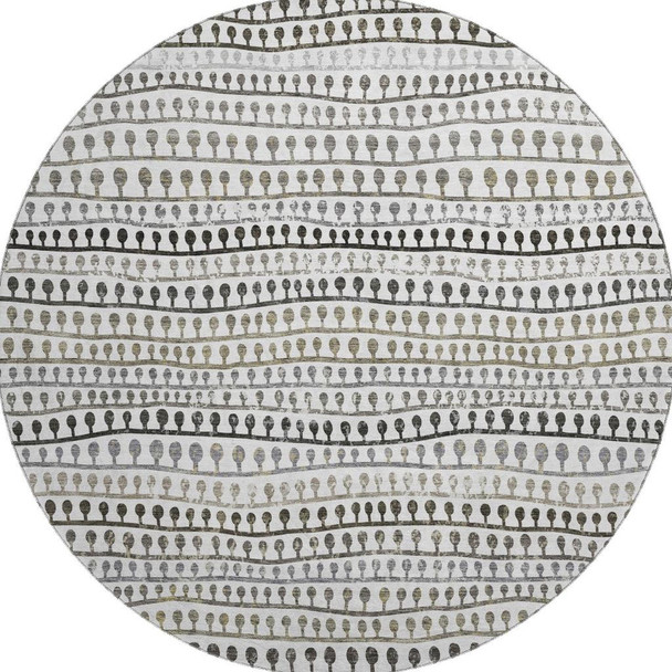 8' Ivory Brown And Gray Striped Washable Round Rug With UV Protection