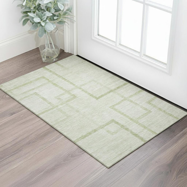 3' X 5' Artichoke Green And Gray Geometric Washable Area Rug With UV Protection