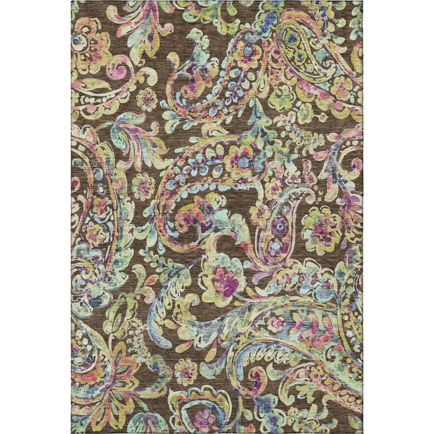 8' X 10' Chocolate Blue And Pink Paisley Washable Area Rug With UV Protection