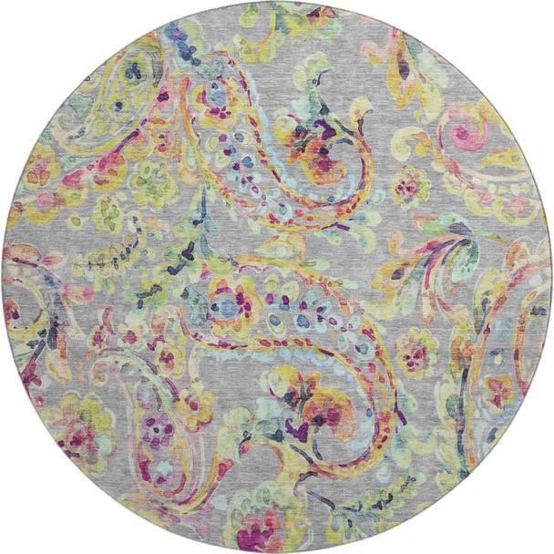 8' Gray Blue And Pink Paisley Washable Round Rug With UV Protection