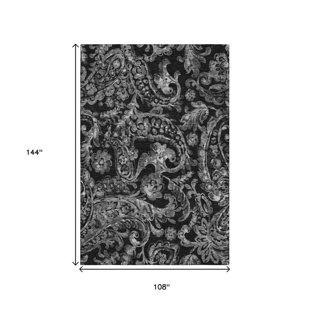 9' X 12' Black And Silver Paisley Washable Area Rug With UV Protection