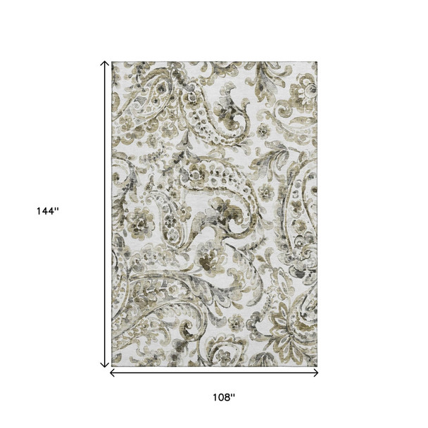 9' X 12' Brown And Ivory Paisley Washable Area Rug With UV Protection