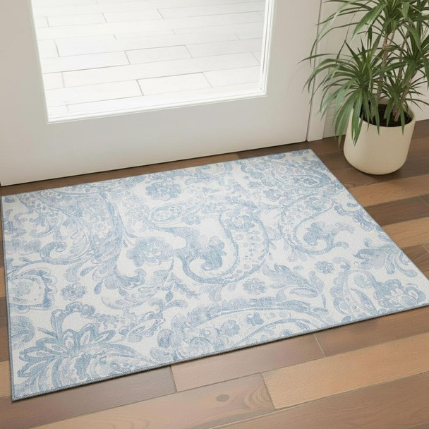 3' X 5' Sky Blue And Ivory Paisley Washable Area Rug With UV Protection