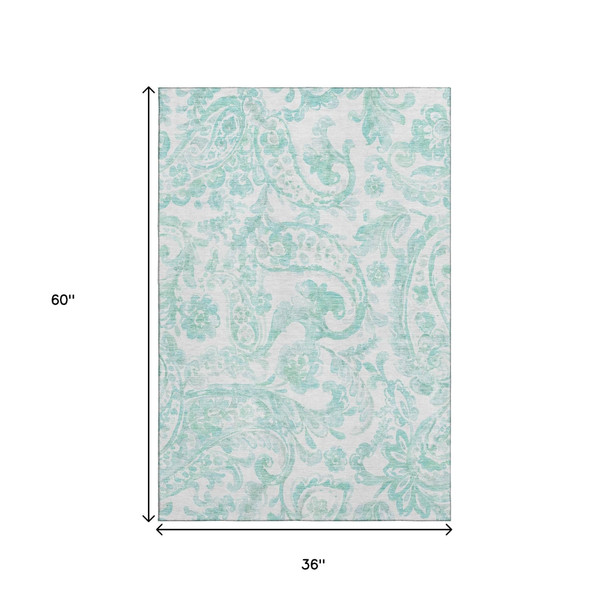 3' X 5' Turquoise And Ivory Paisley Washable Area Rug With UV Protection