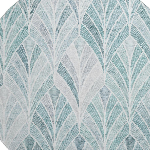 8' Aqua And Ivory Geometric Washable Round Rug With UV Protection