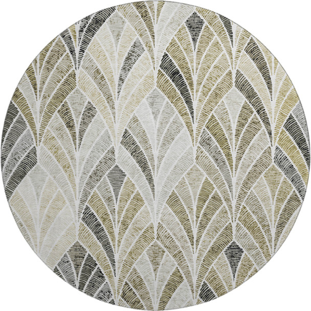 8' Taupe And Ivory Geometric Washable Round Rug With UV Protection