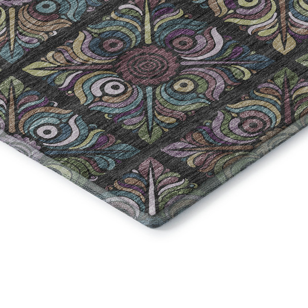 10' X 14' Black Purple And Teal Medallion Washable Area Rug With UV Protection