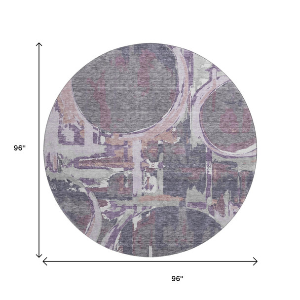 8' Purple Gray And Lavender Geometric Washable Round Rug With UV Protection