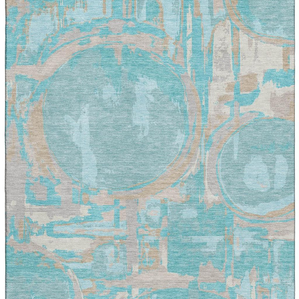 3' X 5' Teal Taupe And Beige Geometric Washable Area Rug With UV Protection