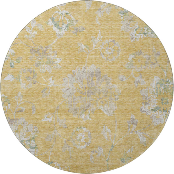 8' Gold And Silver Floral Washable Round Rug With UV Protection