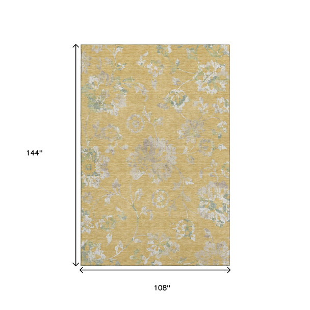 9' X 12' Gold And Silver Floral Washable Area Rug With UV Protection