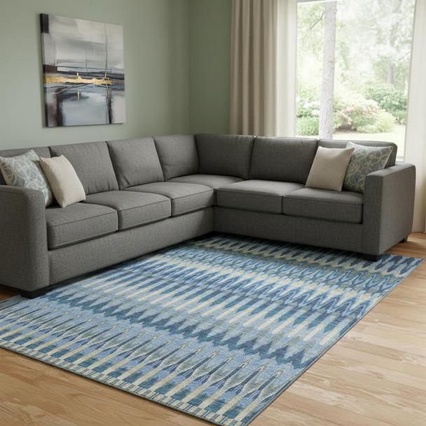 8' X 10' Denim Blue And Gray Southwestern Washable Area Rug With UV Protection