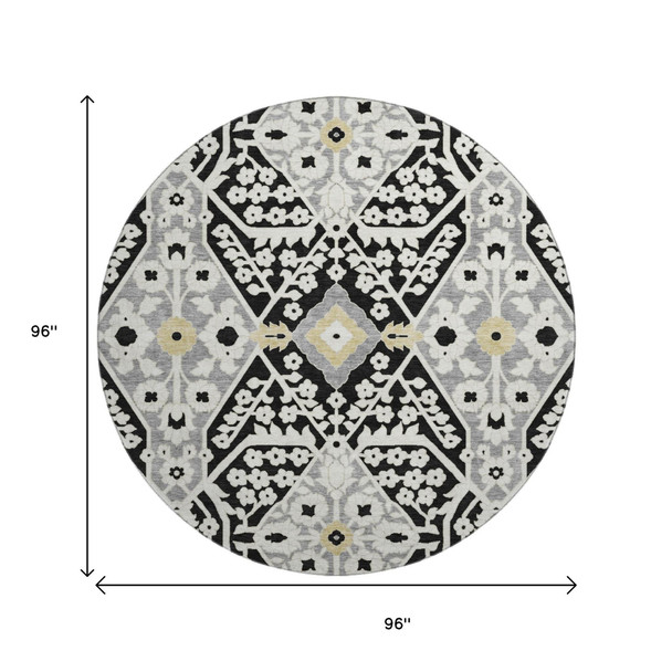8' Black Gray And Gold Floral Washable Round Rug With UV Protection