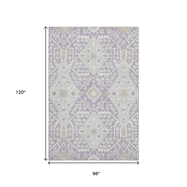 8' X 10' Lavender Gray And Beige Floral Washable Area Rug With UV Protection