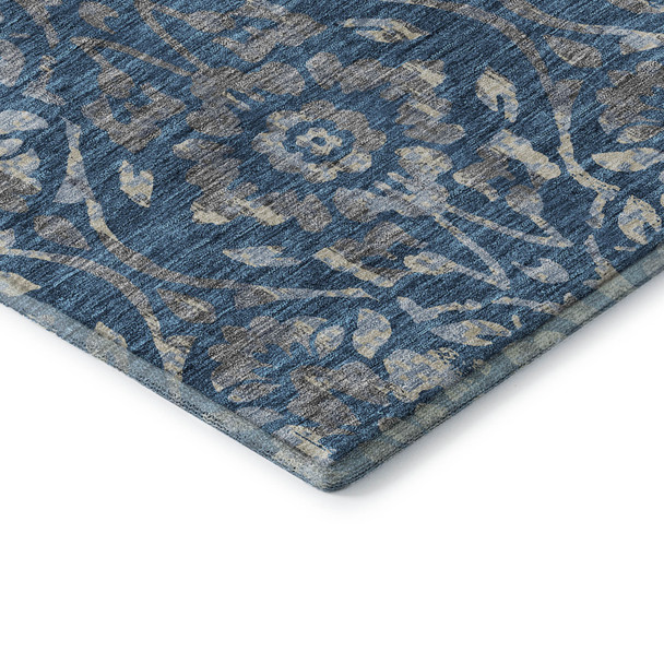 5' X 8' Blue And Gray Floral Washable Area Rug With UV Protection