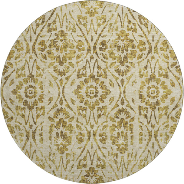 8' Gold And Beige Floral Washable Round Rug With UV Protection