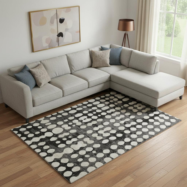 10' X 14' Black And Ivory Polka Dot Washable Area Rug With UV Protection
