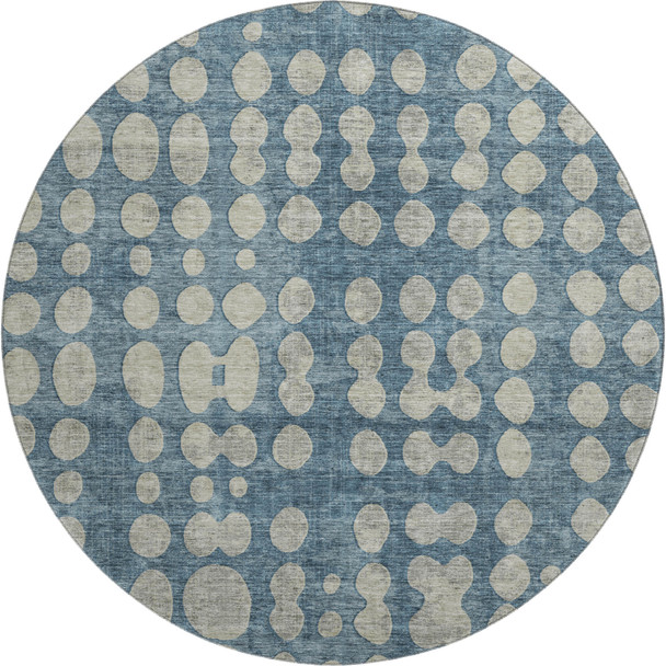 8' Denim Blue And Beige Polka Dot Washable Round Rug With UV Protection