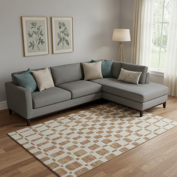 9' X 12' Terra Cotta And Beige Geometric Washable Area Rug With UV Protection