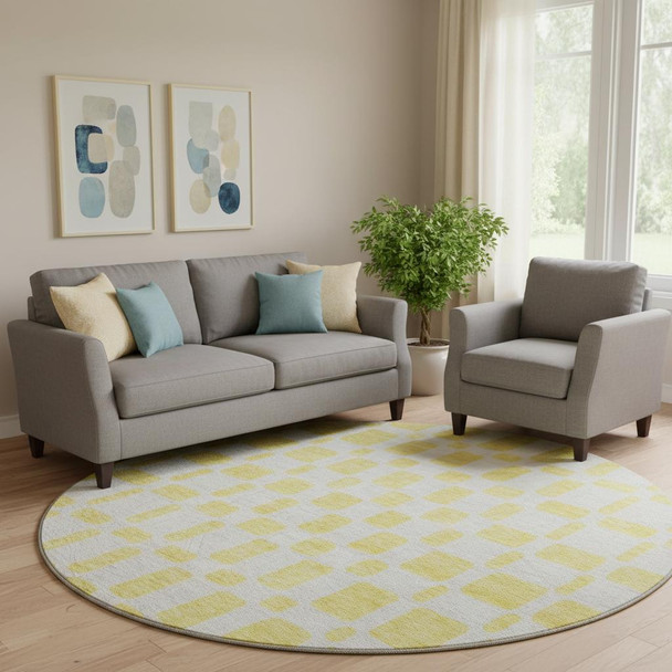 8' Yellow And Beige Geometric Washable Round Rug With UV Protection