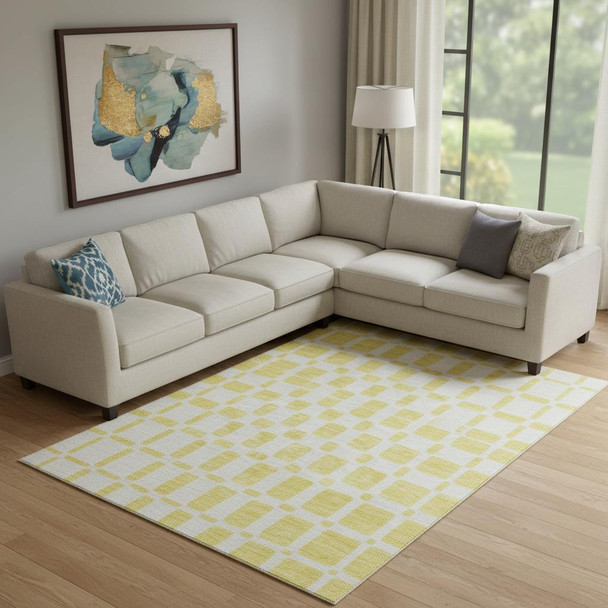 8' X 10' Yellow And Beige Geometric Washable Area Rug With UV Protection